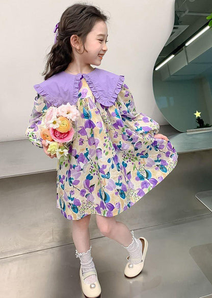 Stylish Purple Peter Pan Collar Print Long Dresses Long Sleeve Ss1058