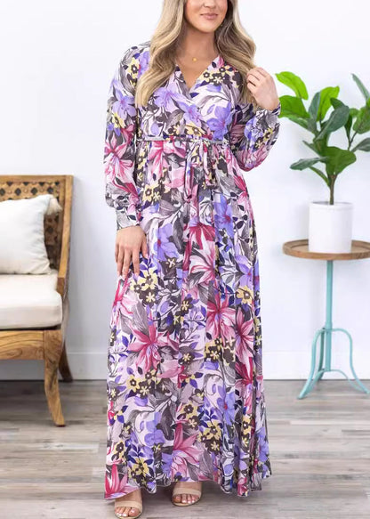 Stylish Purple Print Tie Waist Chiffon Maxi Dress Long Sleeve Au1030