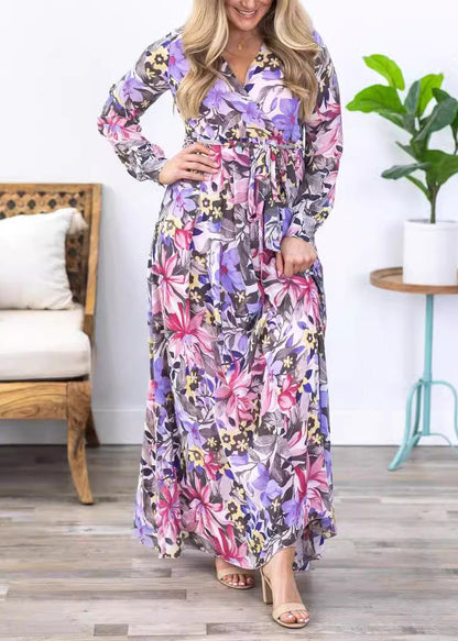 Stylish Purple Print Tie Waist Chiffon Maxi Dress Long Sleeve Au1030