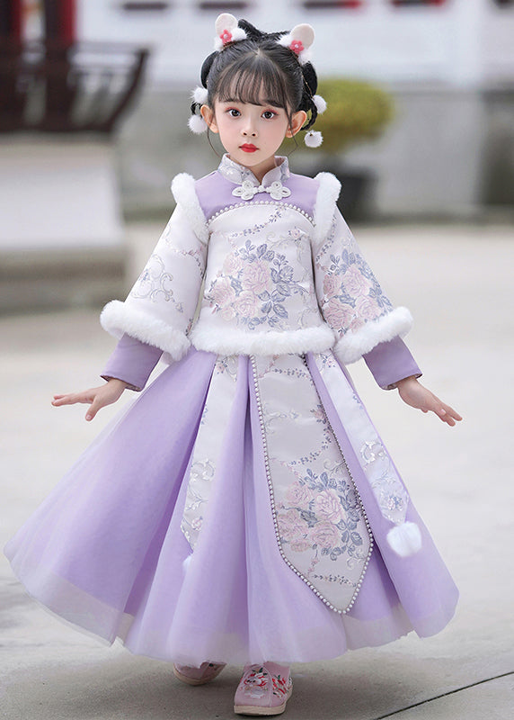 Stylish Purple Stand Collar Embroideried Nail Bead Maxi Dresses Winter Tr011
