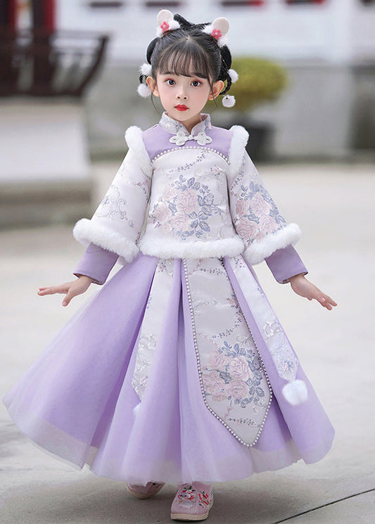Stylish Purple Stand Collar Embroideried Nail Bead Maxi Dresses Winter Tr011