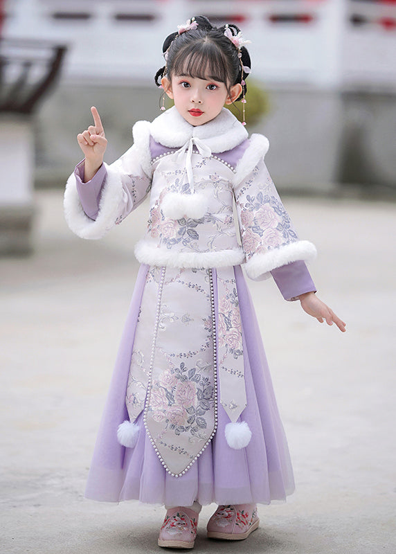 Stylish Purple Stand Collar Embroideried Nail Bead Maxi Dresses Winter Tr011