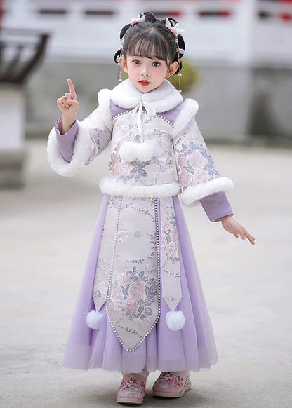 Stylish Purple Stand Collar Embroideried Nail Bead Maxi Dresses Winter Tr011