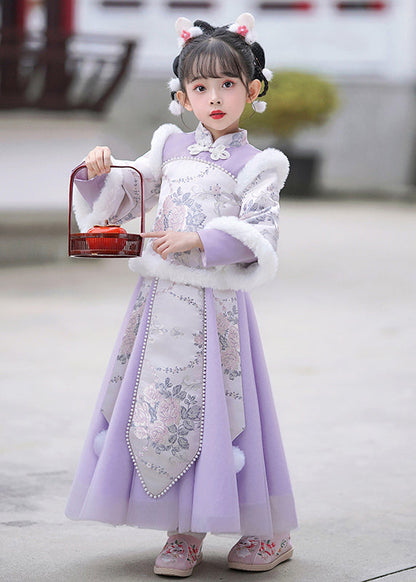 Stylish Purple Stand Collar Embroideried Nail Bead Maxi Dresses Winter Tr011