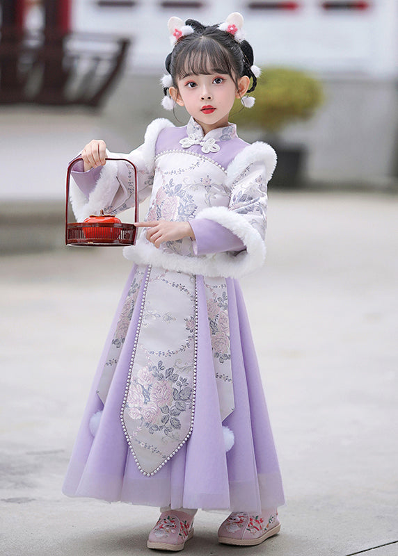 Stylish Purple Stand Collar Embroideried Nail Bead Maxi Dresses Winter Tr011