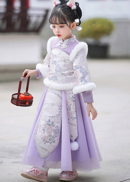 Stylish Purple Stand Collar Embroideried Nail Bead Maxi Dresses Winter Tr011