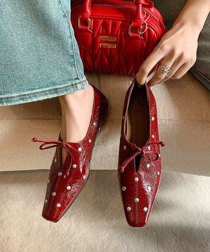 Stylish Red Cowhide Leather Flat Feet Shoes Bow Rivet Yc034