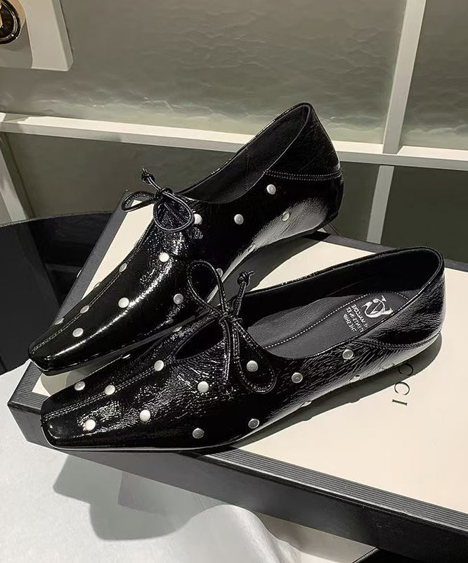 Stylish Red Cowhide Leather Flat Feet Shoes Bow Rivet Yc034