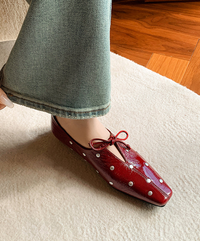 Stylish Red Cowhide Leather Flat Feet Shoes Bow Rivet Yc034