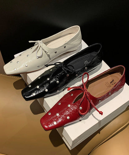 Stylish Red Cowhide Leather Flat Feet Shoes Bow Rivet Yc034