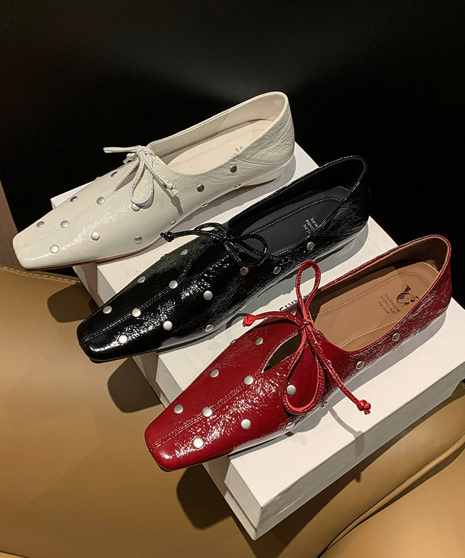 Stylish Red Cowhide Leather Flat Feet Shoes Bow Rivet Yc034