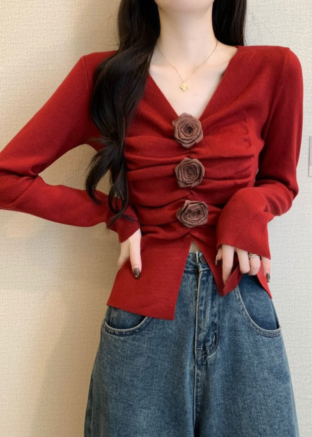 Stylish Red Wrinkled Knit Sweater Spring Tm032