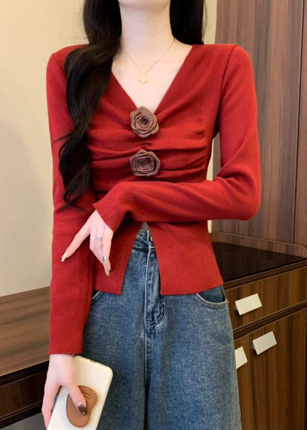 Stylish Red Wrinkled Knit Sweater Spring Tm032