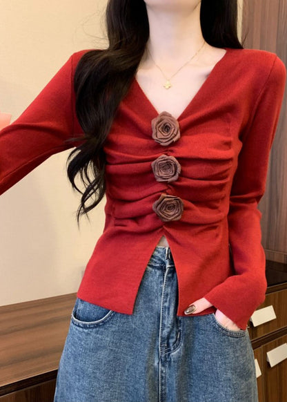 Stylish Red Wrinkled Knit Sweater Spring Tm032