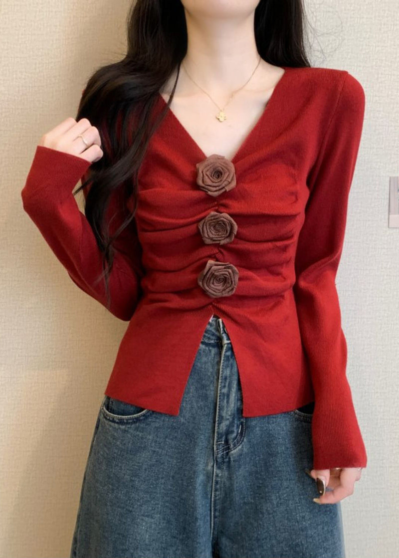 Stylish Red Wrinkled Knit Sweater Spring Tm032