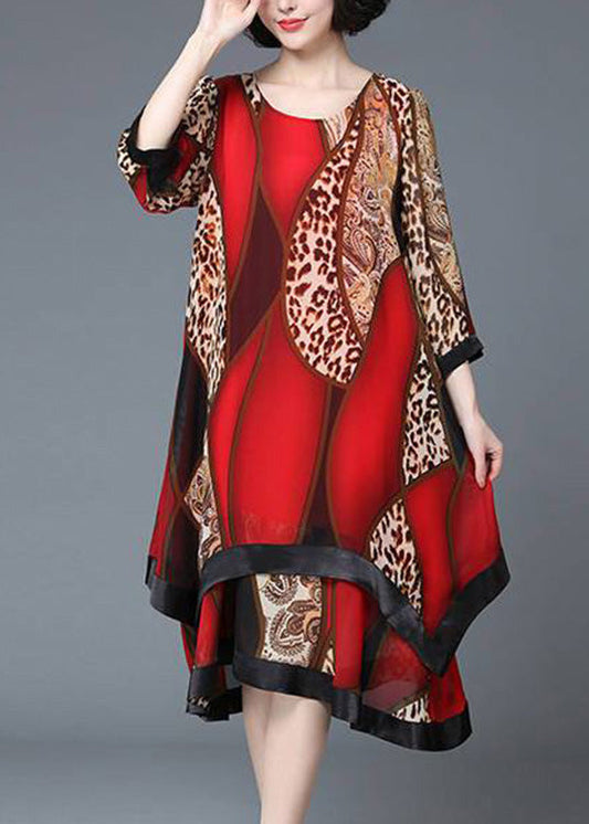 Stylish Red O-neck Asymmetrical Print Patchwork Layered Maxi Dress Spring Ly1764
