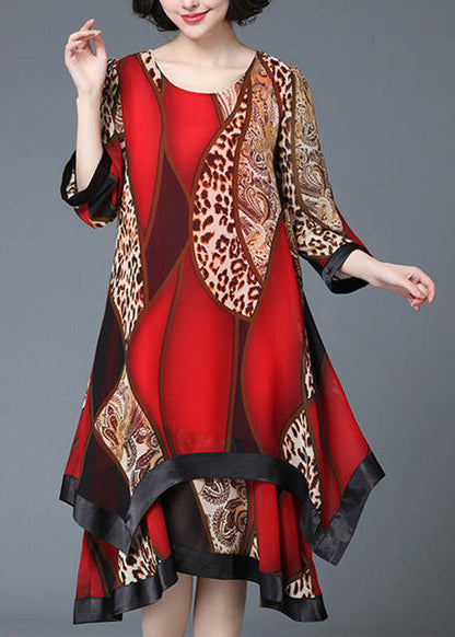 Stylish Red O-neck Asymmetrical Print Patchwork Layered Maxi Dress Spring Ly1764