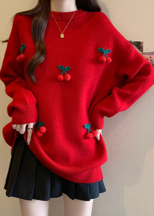 Stylish Red O-neck Cherry Decorated Knit Sweater Winter Rg023