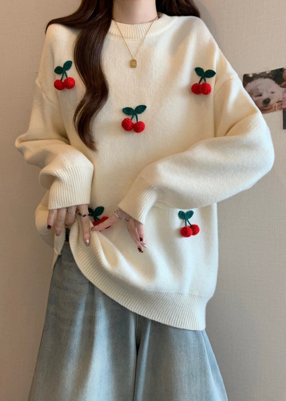 Stylish Red O-neck Cherry Decorated Knit Sweater Winter Rg023
