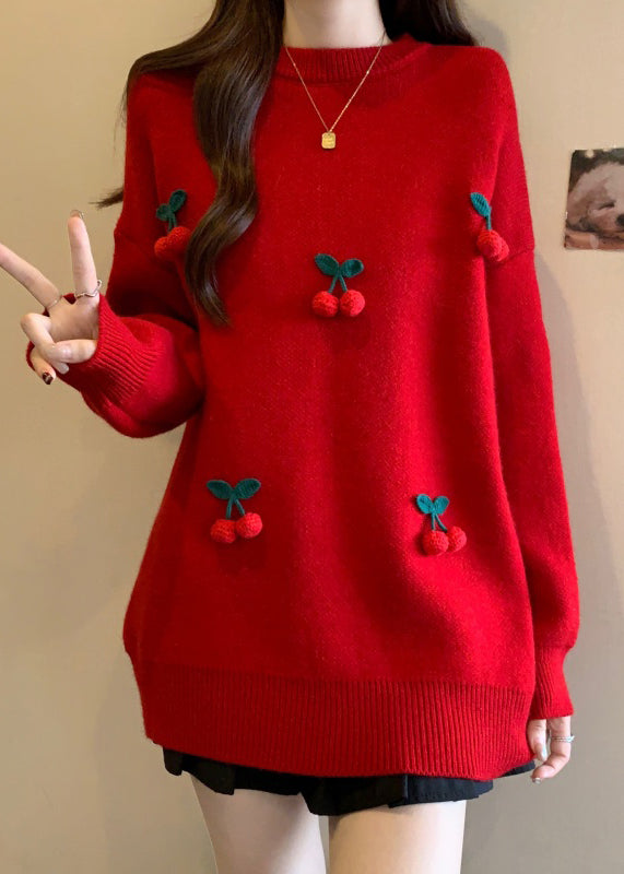 Stylish Red O-neck Cherry Decorated Knit Sweater Winter Rg023