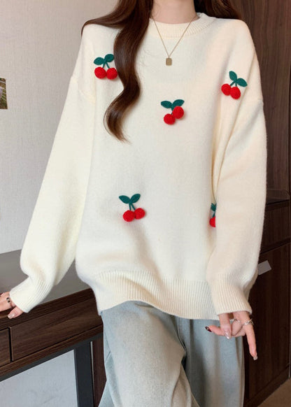 Stylish Red O-neck Cherry Decorated Knit Sweater Winter Rg023