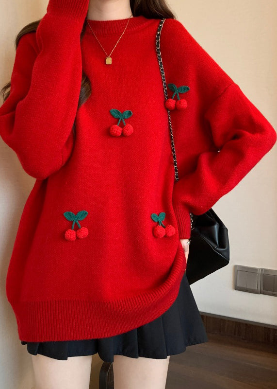 Stylish Red O-neck Cherry Decorated Knit Sweater Winter Rg023