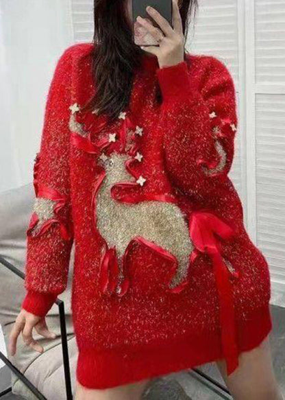 Stylish Red O Neck Patch Loose Knit Sweaters Spring Tn019