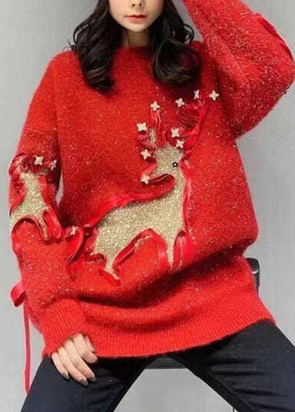 Stylish Red O Neck Patch Loose Knit Sweaters Spring Tn019