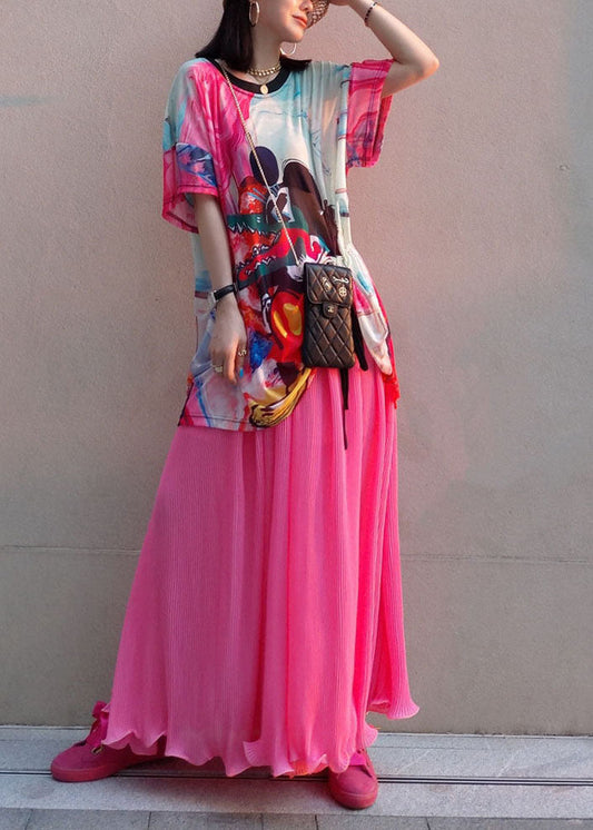 Stylish Red Oversized Print Wrinkled Chiffon Two-piece Set Summer Ly1581