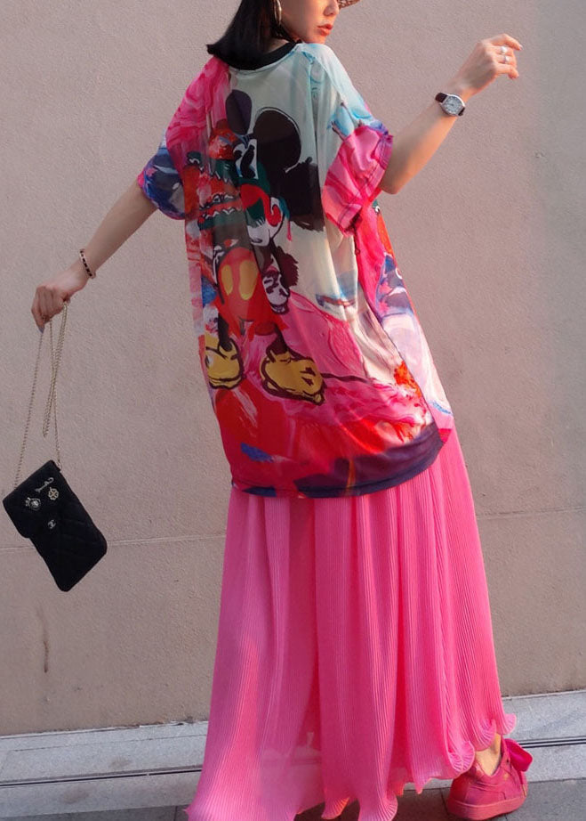 Stylish Red Oversized Print Wrinkled Chiffon Two-piece Set Summer Ly1581