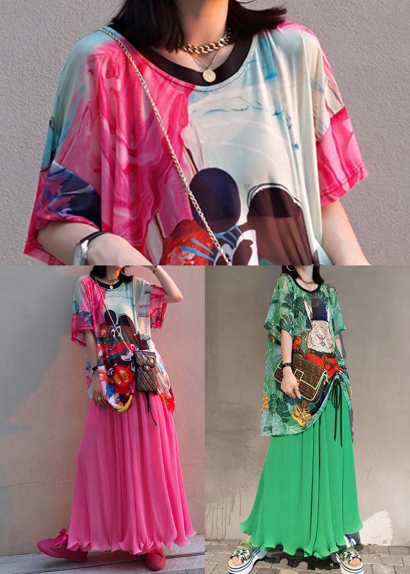 Stylish Red Oversized Print Wrinkled Chiffon Two-piece Set Summer Ly1581
