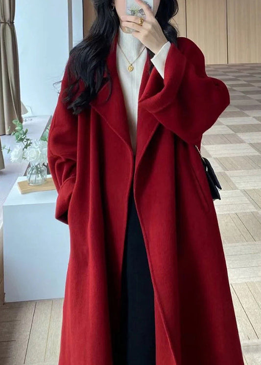 Stylish Red Peter Pan Collar Pockets Woolen Wrap Coat Winter Rs035