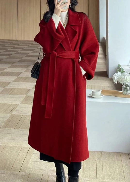 Stylish Red Peter Pan Collar Pockets Woolen Wrap Coat Winter Rs035