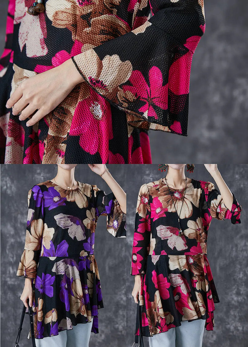Print Tulle Blouse Tops Exra Large Hem Flare Sleeve