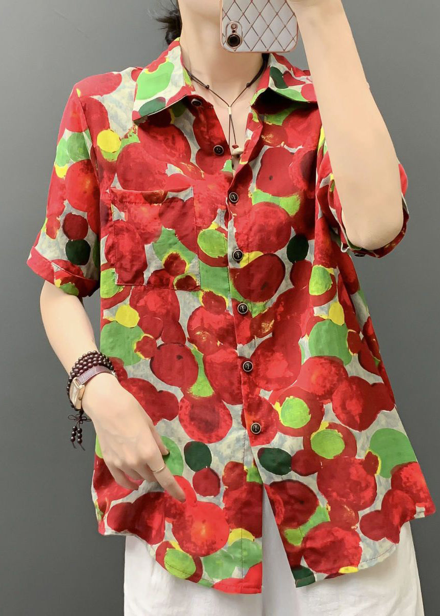 Stylish Red Print Button Pockets Cotton Blouses Short Sleeve Au1041
