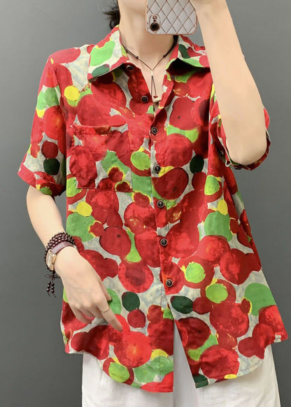 Stylish Red Print Button Pockets Cotton Blouses Short Sleeve Au1041