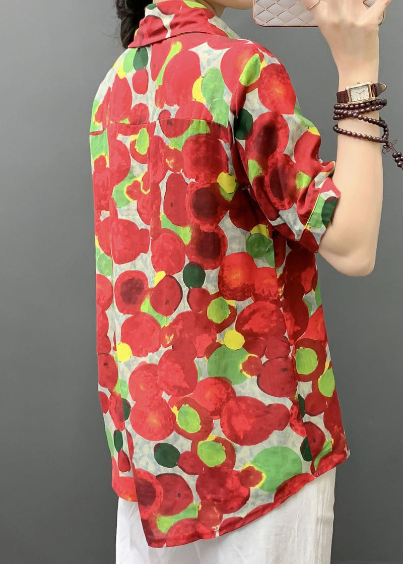 Stylish Red Print Button Pockets Cotton Blouses Short Sleeve Au1041