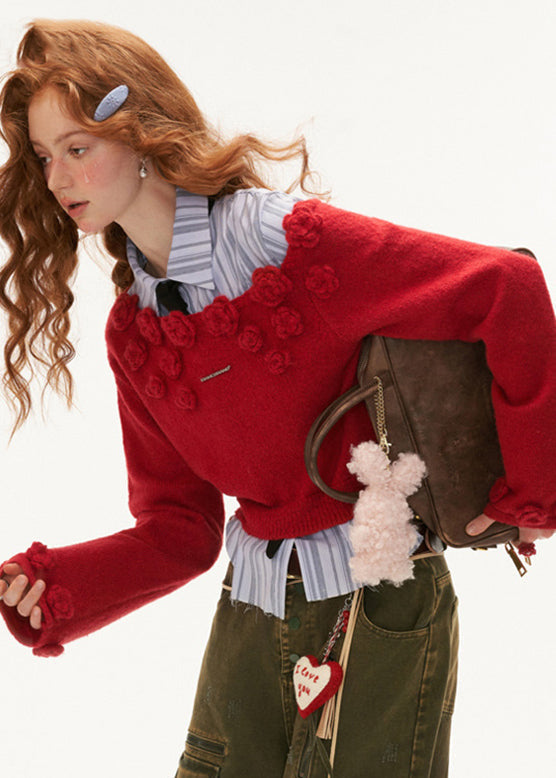 Stylish Red Rose Cotton Knit Sweater Tops Winter Qa001