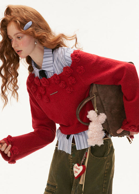 Stylish Red Rose Cotton Knit Sweater Tops Winter Qa001