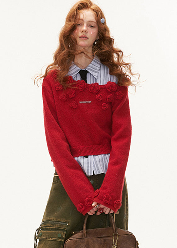 Stylish Red Rose Cotton Knit Sweater Tops Winter Qa001