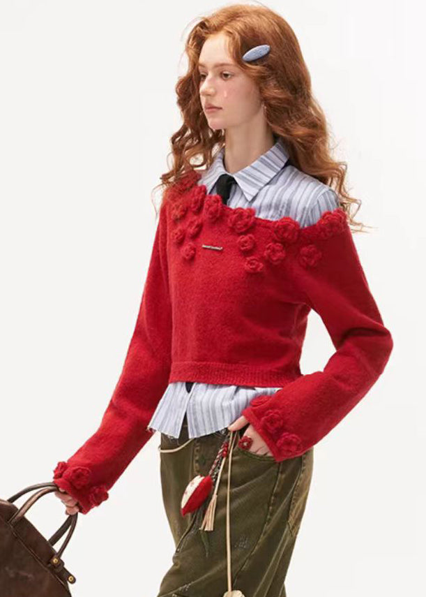 Stylish Red Rose Cotton Knit Sweater Tops Winter Qa001