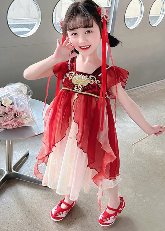Stylish Red Square Collar Nail Bead Patchwork Chiffon Kids Long Dress Short Sleeve Gf019