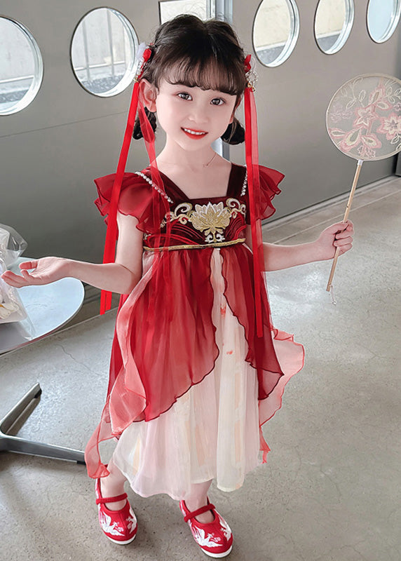 Stylish Red Square Collar Nail Bead Patchwork Chiffon Kids Long Dress Short Sleeve Gf019