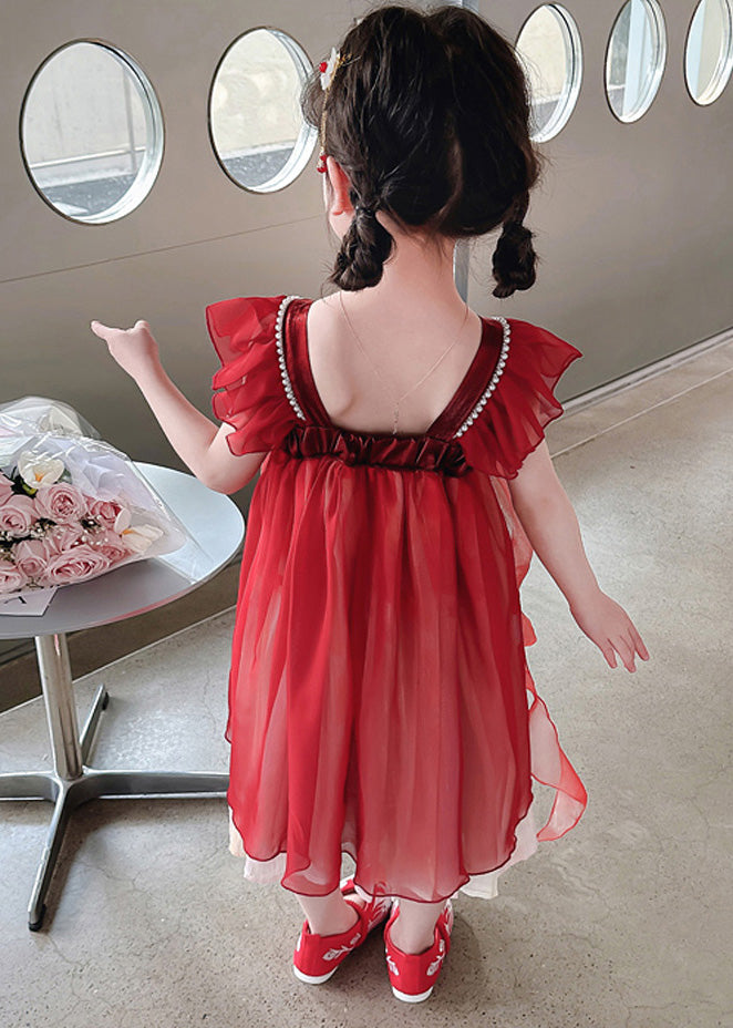 Stylish Red Square Collar Nail Bead Patchwork Chiffon Kids Long Dress Short Sleeve Gf019