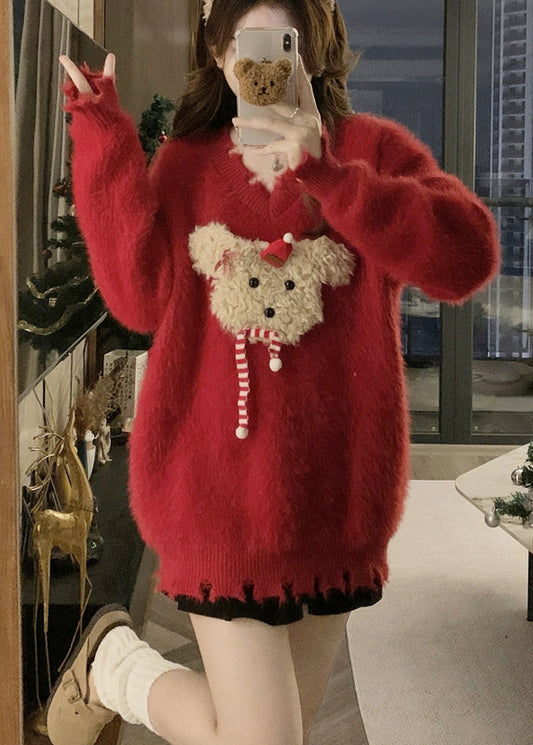 Stylish Red V Neck Mink Hair Knitted Ripped Sweaters Winter Rg035