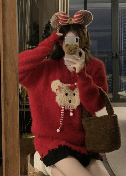 Stylish Red V Neck Mink Hair Knitted Ripped Sweaters Winter Rg035