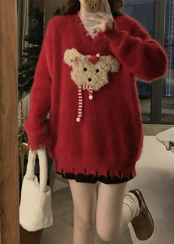 Stylish Red V Neck Mink Hair Knitted Ripped Sweaters Winter Rg035