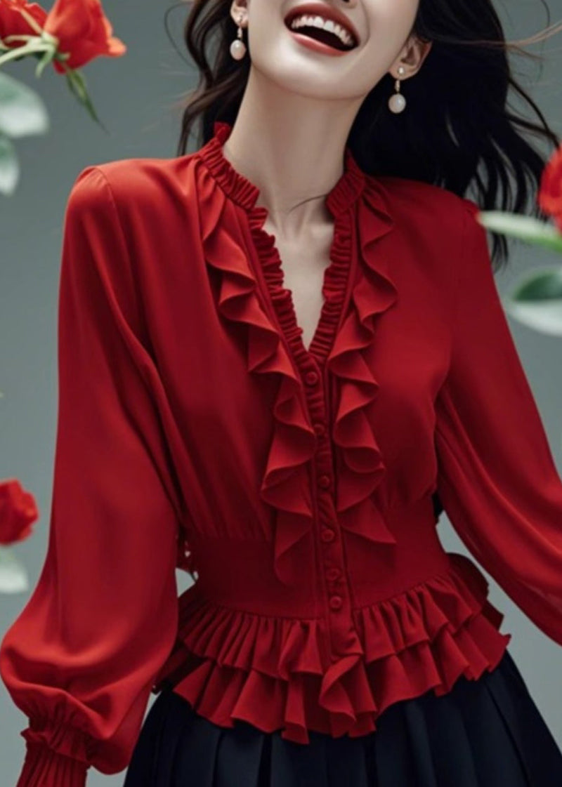 Stylish Red V Neck Ruffled Button Cotton Blouses Spring Rl048