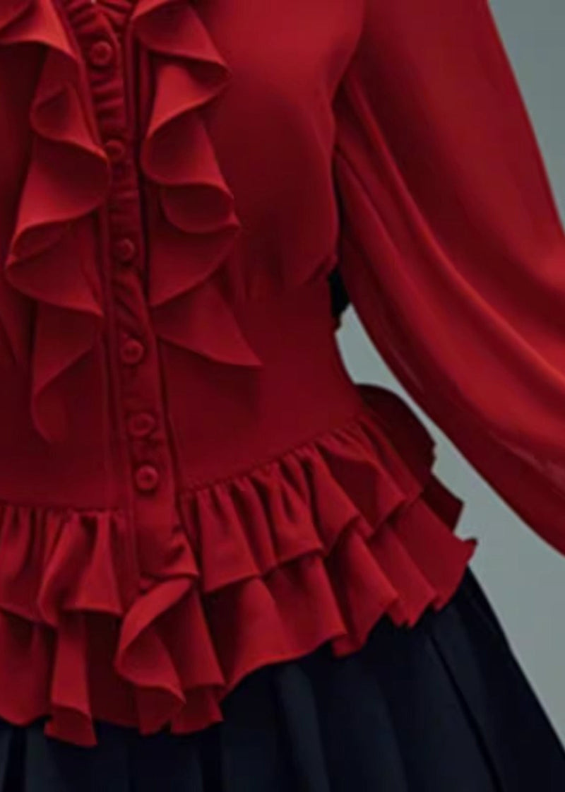 Stylish Red V Neck Ruffled Button Cotton Blouses Spring Rl048