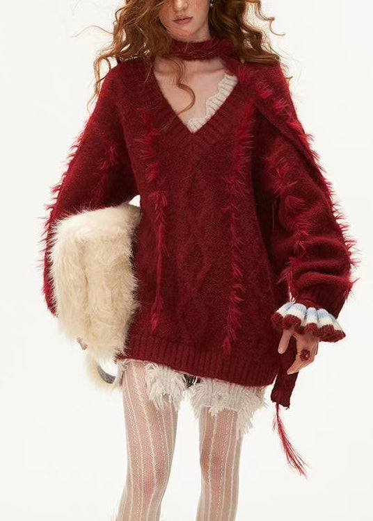 Stylish Red V Neck Tassel Knitted Sweaters Tops Spring Tn022